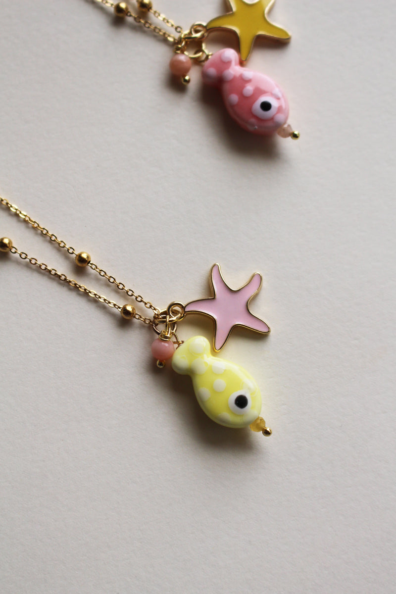 Collana Pesciolino Oro - Con stella marina e agata pendente - Waterproof - Collezione Under The Sea